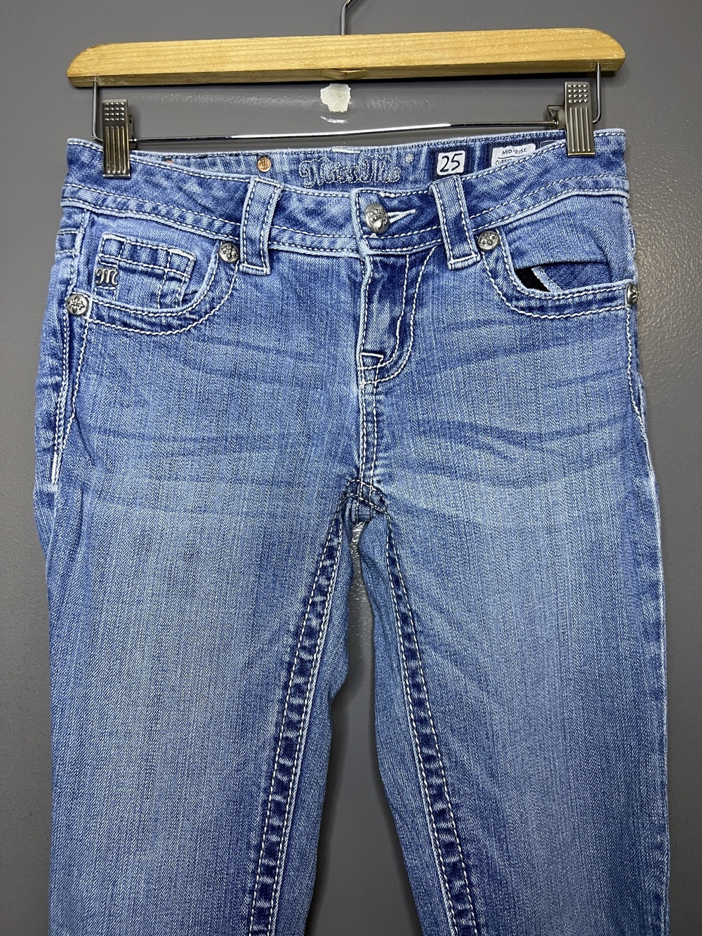 Miss Me Cuffed Skinny Jeans Womens 25 Light Wash Blue Stretch Rhinestone Denim
